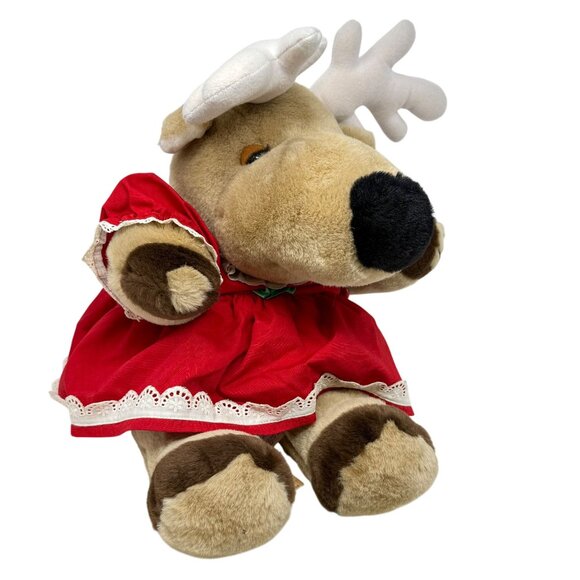 Vintage Reindeer Plush Red Dress Lace Long Face Antlers 23" Tall - Picture 3 of 11